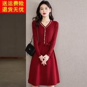 秋冬羊绒羊毛衫红色毛衣裙(毛，衣裙)女士v领宽松中长款针织连衣裙厚