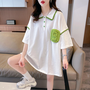 小众设计感短袖t恤女夏季韩版宽松大码中长款撞色翻领polo衫上衣