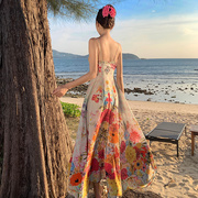 彩色碎花朵吊带裙绑带高腰度假连衣长裙夏季女装法式气质裙子