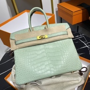  h家6U薄荷绿雾面鳄鱼皮铂金包birkin25手工钉缝蜡线女金色扣