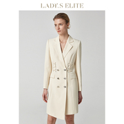 ladyselite慕裁米黄色双排，扣系带西装裙2023春夏职业工作裙