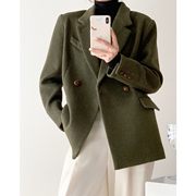 绿色双面呢西装外套女设计感小众高级短款羊毛呢大衣冬