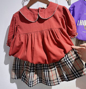 韩版女童全棉酒红泡泡袖，娃娃衫儿童夏季童装