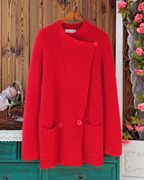 日系复古文艺范高比例，长马海毛红色宽松中长款厚款开衫毛衣大外套