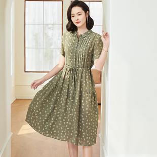 杭州真丝连衣裙中长裙，2024夏季短袖，绿色碎花裙收腰桑蚕丝裙子