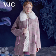 VJC/威杰思秋冬女装紫色格纹毛呢大衣复古加厚短款外套
