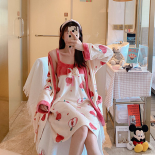 台湾睡袍女年冬季加厚珊瑚绒睡衣裙性感吊带睡裙法兰绒两件套