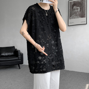 欧货黑色简约蕾丝镂空设计无袖T恤女春夏2024气质高级感上衣