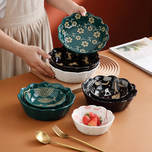 北欧陶瓷沙拉碗 创意可爱汤碗微波炉烤箱专用中式家用餐具花边碗
