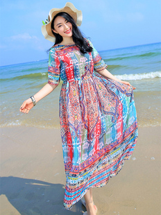 波西米亚大码大摆夏雪纺，显瘦海边度假沙滩，裙中袖连衣裙宽松长裙