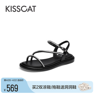 KISSCAT接吻猫2024夏季法式一字带平底条带罗马凉鞋女