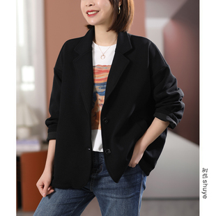 SHUYE原创高品质 韩版休闲宽松简约显瘦纯色长袖全棉西装外套2024