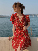 小个子红色雪纺碎花连衣裙夏季旅游高级感法式复古v领气质小红裙