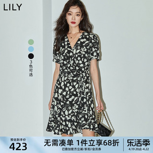 lily2024夏薄荷(夏薄荷，)曼波女装泡泡袖抽绳，印花中长款连衣裙小个子女