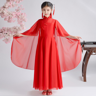 女童古筝演出服合唱礼服，中国风街拍仙女气质，飘逸钢琴二胡汉服长裙