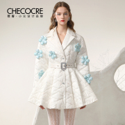 茬客温柔小众棉服冬季炫彩白色夹棉外套花朵设计感大衣外套裙