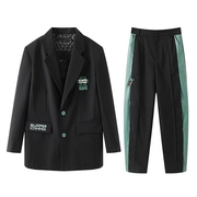 两件套 时尚潮酷撞色灯芯绒撞色拼接西装+同色PU拼接长裤1.35