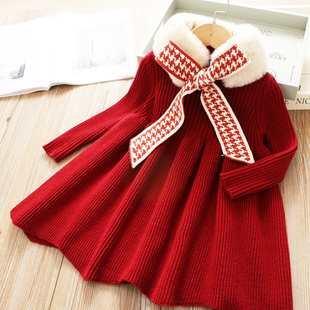 女童连衣裙冬装毛衣可爱仿兔毛毛领围巾蝴蝶结围脖红色儿童裙子
