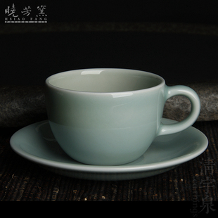 台湾蔡晓芳单色釉(单色釉)豆，青釉含杯托咖啡杯，晓芳窑颜色釉花茶杯组