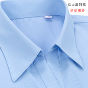 女士v领蓝色斜条纹职业衬衫，长袖职业工装衬衣银行工作服大码寸衣
