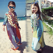 女童波西米亚沙滩长裙儿童七分长袖，民族风连衣裙中大童母女亲子装