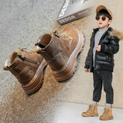 男童马丁靴2023秋冬季儿童靴子男孩子雪地靴，真皮棉鞋加绒童鞋