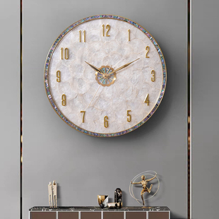 现代轻奢黄铜挂钟客厅贝壳创意，壁钟大厅高端静音，挂墙钟表简约挂表