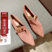 韩版小跟时尚短靴女潮绒面裸靴2023秋款尖头低跟加绒裸粉色及踝靴