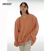 XSPACEDONOTDISTURB原创设计橘色长袖针织衫宽松廓形破洞上衣