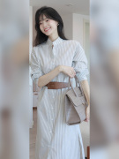 春季法式长裙2023高级感气质，时尚条纹衬衫连衣裙两件套装女