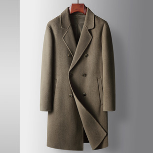 男式大衣秋冬100%纯羊毛风衣，双排扣长款中青年商务，双面呢休闲外套