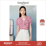 goodland美地女装夏季玫，红波点荷叶，边短袖印花衬衫上衣