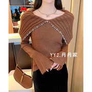 韩系高级感时尚钉珠，大翻领针织衫女2023冬季气质喇叭袖毛衣潮