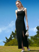 帝弗润驰2023夏季黑色性感吊带，连衣裙气质修身超长款开叉长裙