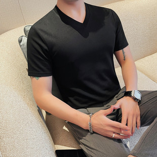 夏季v领短袖t恤男士，时尚潮流百搭休闲韩版修身帅气纯色体恤打底衫