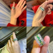 微镶满钻彩色锆石宽版戒指仿祖母绿折叠花边男女款指环食指戒