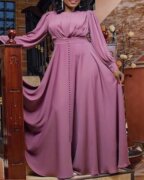 27外贸女装跨境连衣裙小毛球紫色礼服长裙高腰大码女装连衣裙3418