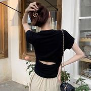 黑色镂空辣妹短袖t恤女夏季设计感收腰显瘦性感露背打底上衣