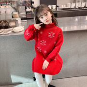 女童毛衣裙(毛衣裙)2024儿童，秋冬装中长款加厚打底针织衫红色新年裙子