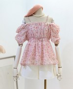 法式吊带娃娃衫2023夏季女装，浪漫印花一字，领蝴蝶结粉色雪纺衫上衣