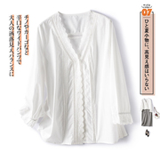 棉质七分袖白衬衫镂空蕾丝镶边，白衬衣(白衬衣)小v领宽松暗扣上衣小衫女