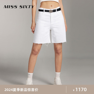 misssixty2024夏季牛仔短裤，女白色高腰显瘦直筒裤磨破高街风