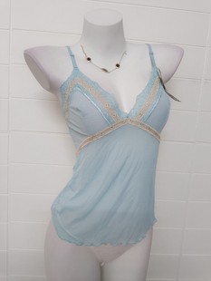 品牌女浅湖蓝法式刺绣蕾丝网纱透视透明性感情趣款吊带背心内衣