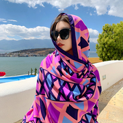 紫色菱形防晒披肩女外搭民族风薄款丝巾，云南旅游海边沙滩围巾纱巾