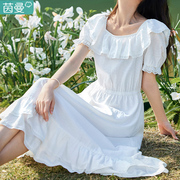 茵曼方领女裙子2024年夏季绿色连衣裙仙气超仙森系短袖长裙