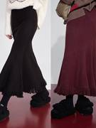 复古红色半身长裙女2023冬季垂感伞裙流苏，时髦高级包臀鱼尾裙