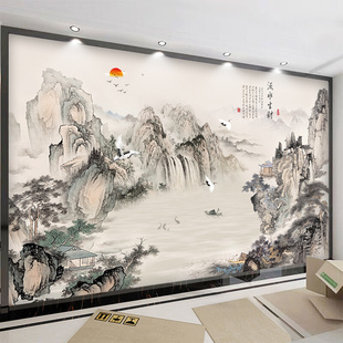 中式影视墙装饰壁纸5d客厅，电视背景墙山水画立体墙纸高端定制壁画