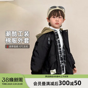 陈大猪男童黑色棉服加厚2023冬季儿童保暖上衣潮酷连帽外套