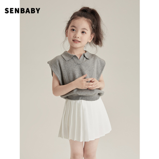 senbaby女童夏装polo衫，中大童气质针织上衣，儿童轻薄翻领polo短袖