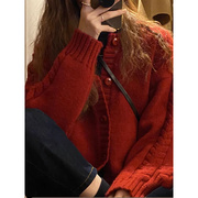 红色毛衣外套女秋冬2023温，柔软糯慵懒风，针织开衫短款新年上衣